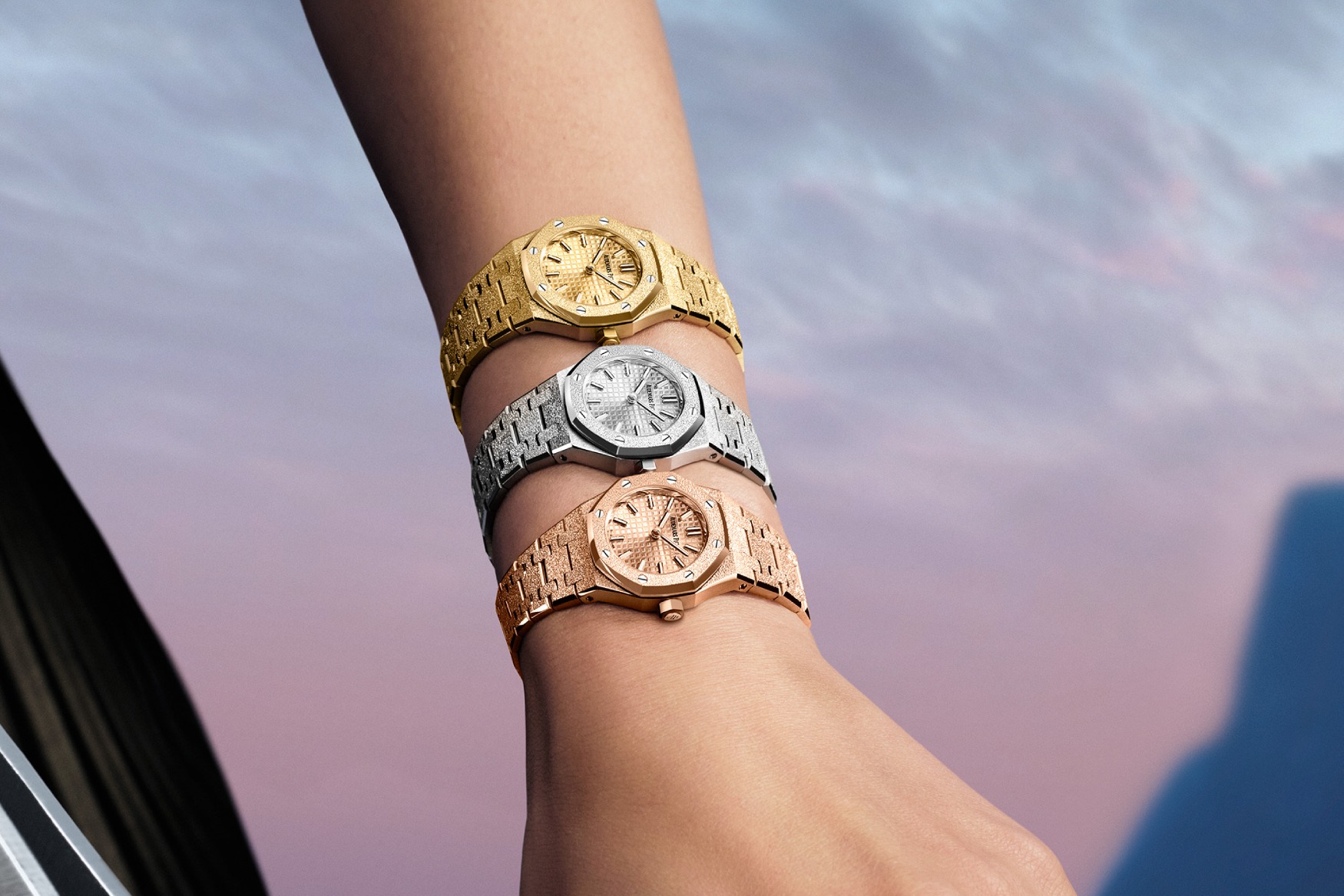 Audemars Piguet Royal Oak Mini Frosted Gold wrist stacking
