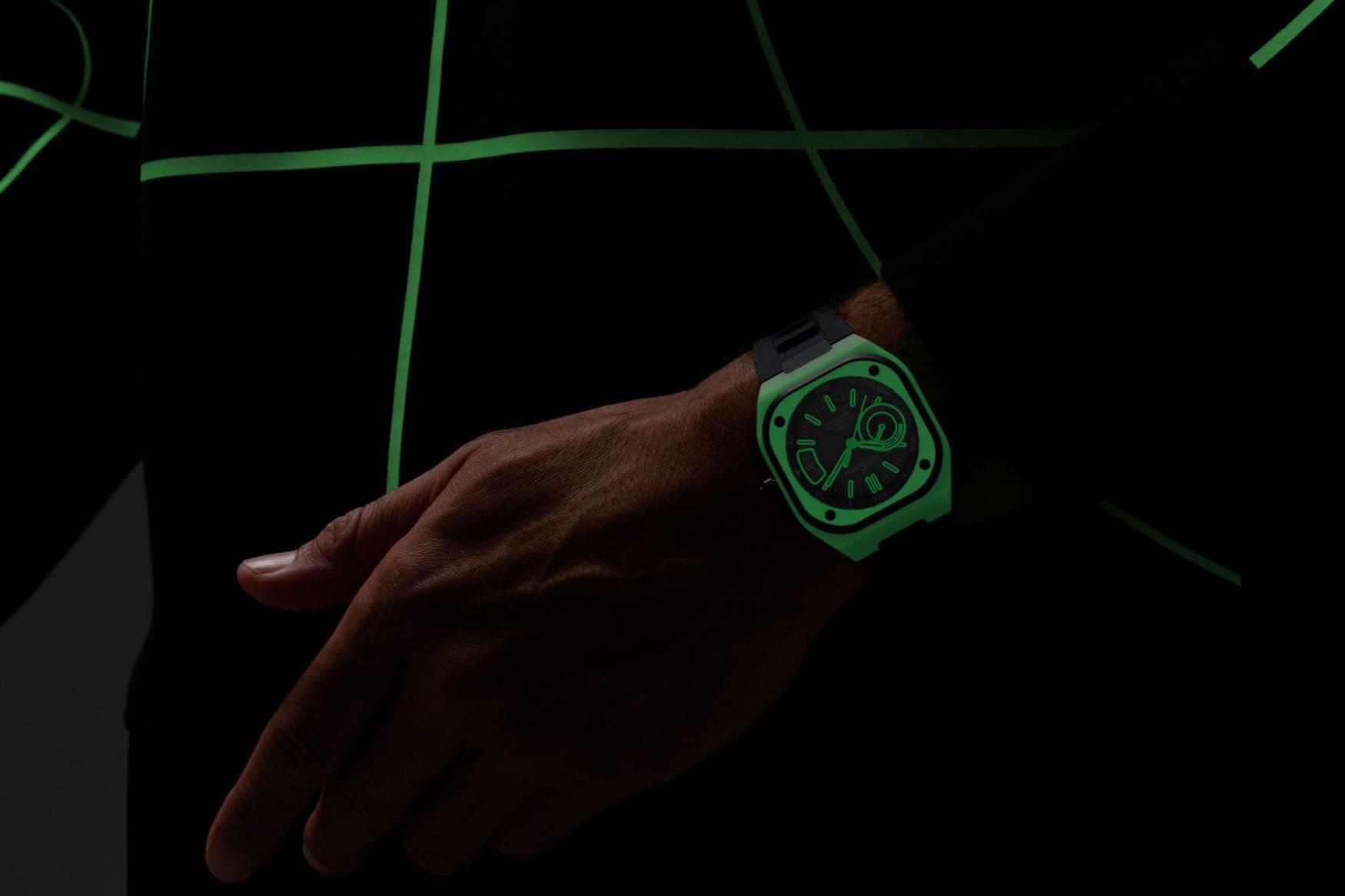 br x5 green lum night on wrist