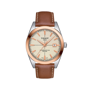 Tissot Gentleman Powermatic 80 Silicium Solid 18K Gold Bezel with Brown Creme Leather Strap